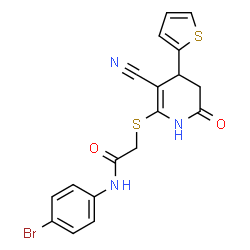 N-(4-bromophenyl)-2-((3-cyano-6-oxo-4-(thiophen-2-yl)-1,4,5,6-tetrahydropyridin-2-yl)thio)acetamide结构式