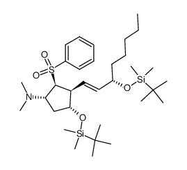 (1S,2S,3S,4R)-cis-4-(tert-Butyldimethylsiloxy)-trans-3-[(E,S)-3'-(tert-butyldimethylsiloxy)-1'-octenyl]-1-(dimethylamino)-trans-2-(phenylsulfonyl)cyclopentane结构式