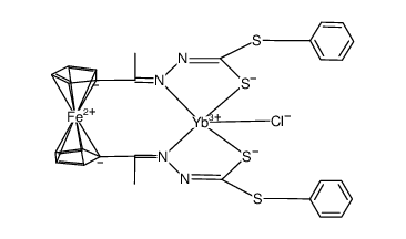 Yb(III)(dibenzyl 1,1'-diacetylferrocenebis(hydrazonatocarbodithioate))chloro complex Structure