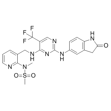 N-甲基-N-[3-[[[2-[(2-氧代-2,3-二氢-1H-吲哚-5-基)氨基]-5-三氟甲基嘧啶-4-基]氨基]甲基]吡啶-2-基]甲磺酰胺结构式