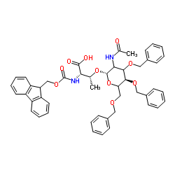 (2S,3R)-3-({(2S,5R)-3-Acetamido-4,5-bis(benzyloxy)-6-[(benzyloxy)methyl]tetrahydro-2H-pyran-2-yl}oxy)-2-{[(9H-fluoren-9-ylmethoxy)carbonyl]amino}butanoic acid (non-preferred name) picture