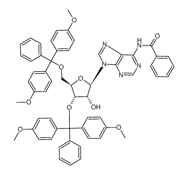 6-N-benzoyl-9-(3,5-O-bis-(4,4'-dimethoxytrityl)-β-D-ribofuranosyl)adenine Structure