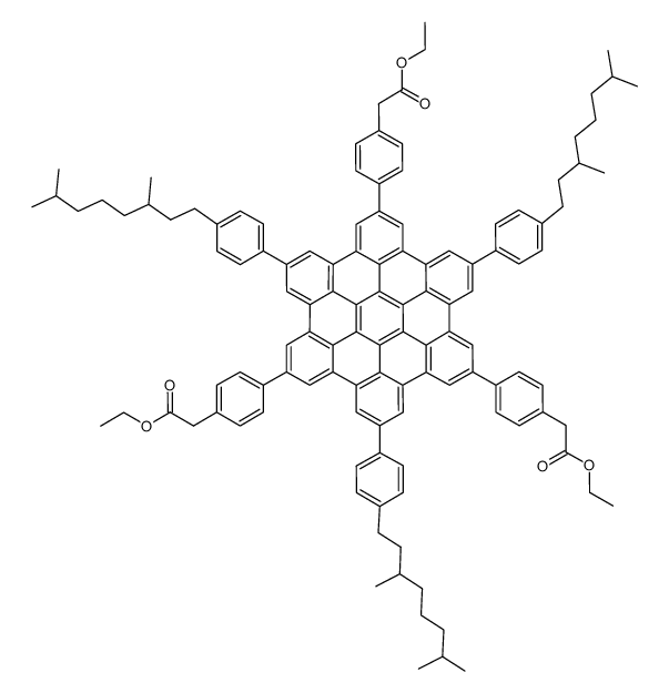 2,8,14-Tris[4-(3,7-dimethyloctyl)phenyl]-5,11,17-tris(4’ethylacetatephenyl)-hexa-peri-hexabenzocoronene Structure