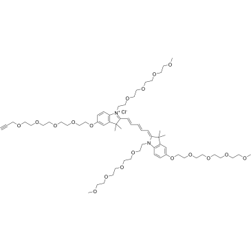 N-(m-PEG4)-N'-(m-PEG4)-O-(m-PEG4)-O'-(propargyl-PEG4)-Cy5 structure