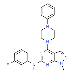 N-(3-fluorophenyl)-1-methyl-4-(4-phenylpiperazin-1-yl)-1H-pyrazolo[3,4-d]pyrimidin-6-amine structure