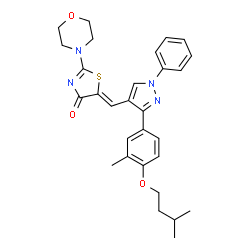 5-({3-[4-(isopentyloxy)-3-methylphenyl]-1-phenyl-1H-pyrazol-4-yl}methylene)-2-(4-morpholinyl)-1,3-thiazol-4(5H)-one结构式