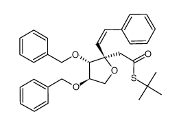 S-(tert-butyl) 2-((2R,3S,4R)-3,4-bis(benzyloxy)-2-((Z)-styryl)tetrahydrofuran-2-yl)ethanethioate结构式