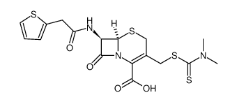 (6R)-3-[(dimethyl-thiocarbamoylsulfanyl)-methyl]-8-oxo-7t-(2-thiophen-2-yl-acetylamino)-(6rH)-5-thia-1-aza-bicyclo[4.2.0]oct-2-ene-2-carboxylic acid结构式