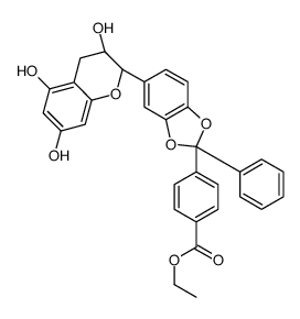 ethyl (2R-trans)-4-[5-(3,4-dihydro-3,5,7-trihydroxy-2H-1-benzopyran-2-yl)-2-phenyl-1,3-benzodioxol-2-yl]benzoate结构式