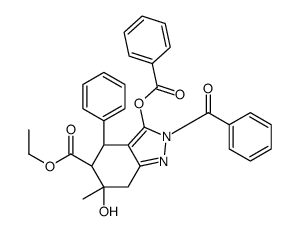 2H-Indazole-5-carboxylic acid, 4,5,6,7-tetrahydro-, 2-benzoyl-3-(benzo yloxy)-6-hydroxy-6-methyl-4-phenyl-, ethyl ester, (4-alpha,5-beta,6-al pha)- Structure