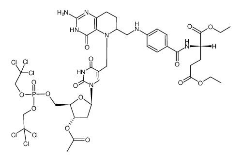 diethyl N-(4-(((2-amino-3,4,5,6,7,8-hexahydro-4-oxo-5-((2'-deoxy-3'-O-acetyluridin-5-yl)methyl)pyrido(3,2-d)pyrimidin-6-yl)methyl)amino)benzoyl)-L-glutamate 5'-(bis-(trichloroethyl) phosphate)结构式