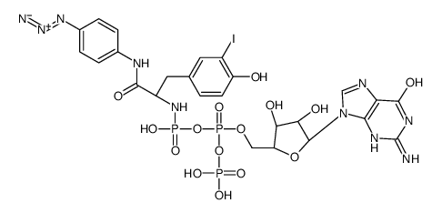 guanosine 5'-(trihydrogen diphosphate)-N-(4-azidophenyl)-2-phosphoramido-3-(4-hydroxy-3-iodophenyl)propionamide monoanhydride structure