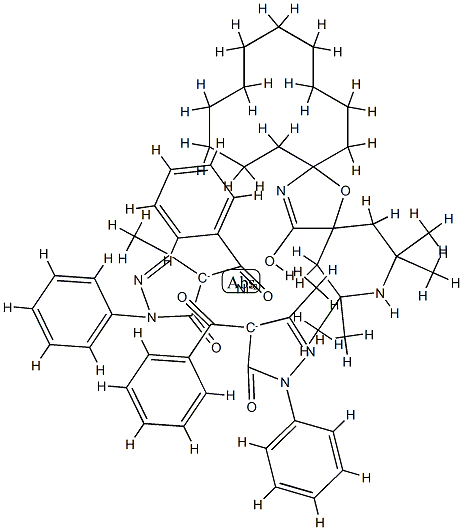 bis(4-benzoyl-2,4-dihydro-5-methyl-2-phenyl-3H-pyrazol-3-onato-O,O')(2,2,4,4-tetramethyl-7-oxa-3,20-diazadispiro[5.1.11.2]henicosan-21-one-O21)nickel structure