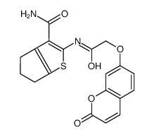 2-(2-(2-oxo-2H-chromen-7-yloxy)acetamido)-5,6-dihydro-4H-cyclopenta[b]thiophene-3-carboxamide structure