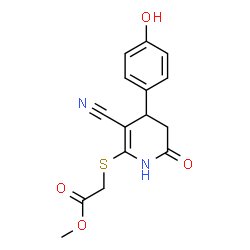 methyl 2-((3-cyano-4-(4-hydroxyphenyl)-6-oxo-1,4,5,6-tetrahydropyridin-2-yl)thio)acetate structure