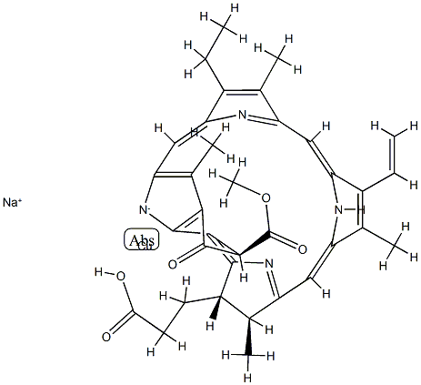 sodium [3S-(3α,4β,21β)]-[14-ethyl-21-(methoxycarbonyl)-4,8,13,18-tetramethyl-20-oxo-9-vinylphorbine-3-propionato(3-)-N23,N24,N25,N26]cuprate(1-)结构式