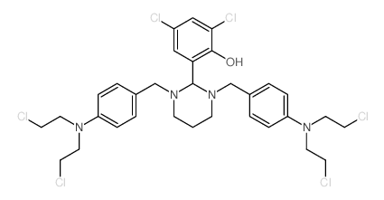 Phenol,2-[1,3-bis[[4-[bis(2-chloroethyl)amino]phenyl]methyl]hexahydro-2-pyrimidinyl]-4,6-dichloro- Structure
