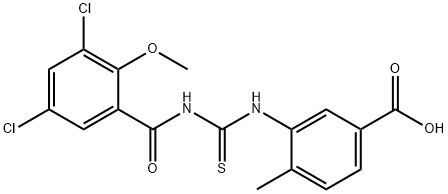 3-[[[(3,5-dichloro-2-methoxybenzoyl)amino]thioxomethyl]amino]-4-methyl-benzoic acid structure