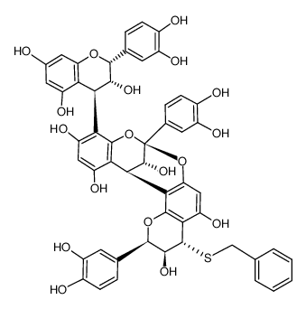 (2R,3S,4S,8R,14R,15R)-4-(benzylthio)-2,8-bis(3,4-dihydroxyphenyl)-10-((2R,3R,4R)-2-(3,4-dihydroxyphenyl)-3,5,7-trihydroxychroman-4-yl)-3,4-dihydro-2H,14H-8,14-methanobenzo[7,8][1,3]dioxocino[4,5-h]chromene-3,5,11,13,15-pentaol Structure