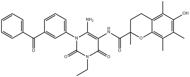 2H-1-Benzopyran-2-carboxamide,N-[6-amino-1-(3-benzoylphenyl)-3-ethyl-1,2,3,4-tetrahydro-2,4-dioxo-5-pyrimidinyl]-3,4-dihydro-6-hydroxy-2,5,7,8- Structure