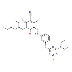 3-Cyano-5-[3-[4-(diethylamino)-6-fluoro-1,3,5-triazin-2-yloxy]phenylazo]-1-(2-ethylhexyl)-6-hydroxy-4-methyl-2(1H)-pyridone结构式