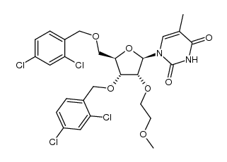 1-((2R,3R,4R,5R)-4-((2,4-dichlorobenzyl)oxy)-5-(((2,4-dichlorobenzyl)oxy)methyl)-3-(2-methoxyethoxy)tetrahydrofuran-2-yl)-5-methylpyrimidine-2,4(1H,3H)-dione结构式