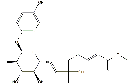 4-Hydroxyphenyl β-D-glucopyranoside 6-[(R,E)-6-hydroxy-2,6-dimethyl-2,7-octadienoate]结构式