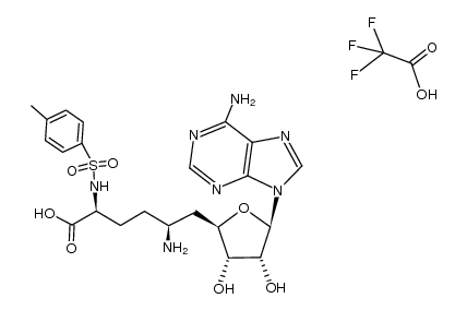 (2S,5S)-5-amino-6-((2R,3S,4R,5R)-5-(6-amino-9H-purin-9-yl)-3,4-dihydroxytetrahydrofuran-2-yl)-2-(4-methylphenylsulfonamido)hexanoic acid compound with 2,2,2-trifluoroacetic acid (1:1)结构式