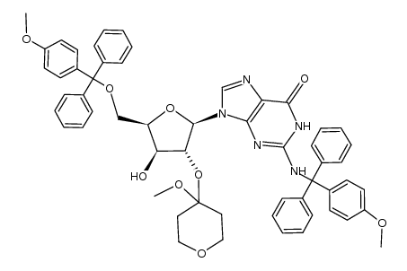 9-((2R,3R,4S,5R)-4-hydroxy-5-(((4-methoxyphenyl)diphenylmethoxy)methyl)-3-((4-methoxytetrahydro-2H-pyran-4-yl)oxy)tetrahydrofuran-2-yl)-2-(((4-methoxyphenyl)diphenylmethyl)amino)-1,9-dihydro-6H-purin-6-one结构式