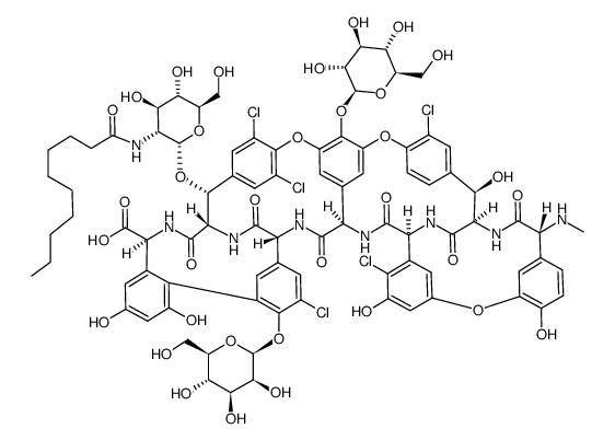 ristomycin A aglycone, 5,22,31,45,55-pentachloro-7-demethyl-64-O-demethyl-34-O-(2-deoxy-2-((1-oxodecyl)amino)-α-D-glucopyranuronosylamino)-44-O-β-D-glucopyranosyl-56-O-β-D-mannopyranosyl-N15-methyl Structure