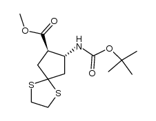 N-(tert-butyloxycarbonyl)-trans-(7R,8R)-1,4-dithiaspiro[4.4]nonane-7-amino-8-carboxylic acid methyl ester Structure