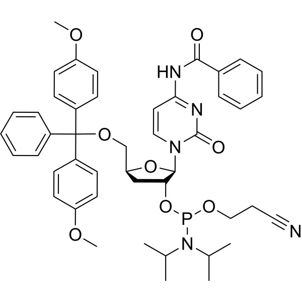 N-苯甲酰基-5'-O-[二(4-甲氧基苯基)苯基甲基]-3'-脱氧胞苷 2'-[2-氰基乙基 二异丙基氨基亚磷酸酯]结构式