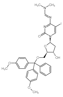 5'-O-(DIMETHOXYTRITYL)-N4-DIMETHYLAMINOMETHYLIDENE-5-IODO-2'-DEOXYCYTIDINE结构式