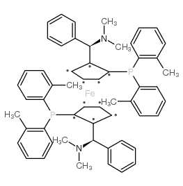 (SP,S′P)-1,1′-双[双(2-甲苯基)膦基]-2,2′-双[(R)-α-(二甲氨基)苯甲基]二茂铁结构式