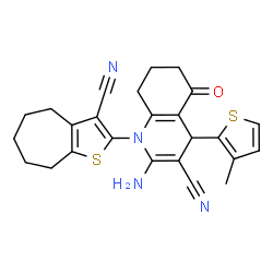 2-amino-1-(3-cyano-5,6,7,8-tetrahydro-4H-cyclohepta[b]thien-2-yl)-4-(3-methyl-2-thienyl)-5-oxo-1,4,5,6,7,8-hexahydro-3-quinolinecarbonitrile structure