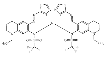 双[N-[1-乙基-1,2,3,4-四氢-6-[(1,3,4-噻二唑-2-基-N3)偶氮-N1]-7-喹啉基]-1,1,1-三氟甲磺酰胺根合-N]镍结构式