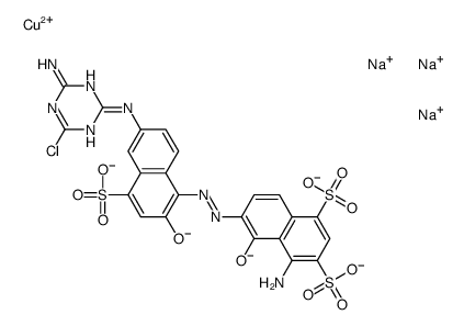 trisodium [4-amino-6-[[6-[(4-amino-6-chloro-1,3,5-triazin-2-yl)amino]-2-hydroxy-4-sulpho-1-naphthyl]azo]-5-hydroxynaphthalene-1,3-disulphonato(5-)]cuprate(3-)结构式