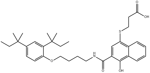 3-(3-(4-(2,4-bis(1,1-dimethylpropyl)phenoxy)butylaminocarbonyl-4-hydroxy-1-naphthalenyl)thio)propanoic acid结构式