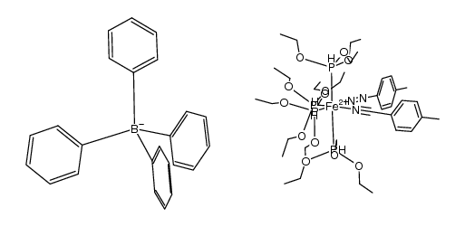 {cis-Fe(4-MeC6H4N2H)(4-MeC6H4CN)(P(OEt)3)4}(BPh4)2结构式