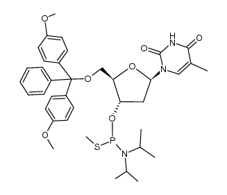 N,N-diisopropylamino-3'-O-[5'-O-(dimethoxytrityl) thymidine]thiomethoxyphosphine Structure