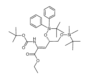 ethyl (4S)-2-(N-tert-butyloxycarbonylamino)-5-tert-butyldimethylsiloxy-4-tert-butyldiphenylsiloxy-2-pentenoate结构式