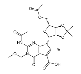 2-acetylamino-6-bromo-3,4-dihydro-3-methoxymethyl-4-oxo-7-(5-O-acetyl-2,3-O-isopropylidene-β-D-ribofuranosyl)-7H-pyrrolo(2,3-d)pyrimidine-5-carboxylic acid结构式