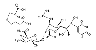 (8RS)-O3-{3-amino-N-[(S)-3-((R)-2-amino-2-carboxy-ethylsulfanyl)-1-carboxy-propyl]-β-D-xylo-3,4-dideoxy-hexopyranuronic acid amidosyl}-8-(2,4-dioxo-1,2,3,4-tetrahydro-pyrimidin-5-yl)-4-ureido-L-erythro-L-gluco-2,6-anhydro-4-deoxy-octonic acid结构式