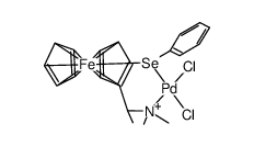 (S,R)-{1-{1-(dimethylamino)ethyl}-2-(phenylseleno)ferrocene}palladium dichloride Structure