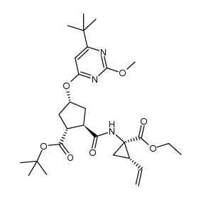 4-(6-tert-butyl-2-methoxypyrimidin-4-yloxy)-2-(1-ethoxycarbonyl-2-vinyl-cyclopropylcarbamoyl)-cyclopentanecarboxylic acid tert-butyl ester结构式