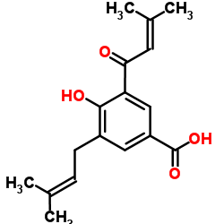 4-Hydroxy-3-(3-methyl-2-buteyl)-5-(3-methyl-2-butenyl)benzoic acid Structure