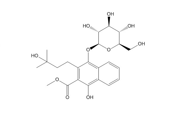 2-Naphthalenecarboxylic acid, 4-(D-glucopyranosyloxy)-1-hydroxy-3-(3-hydroxy-3-methylbutyl)-, methyl ester structure