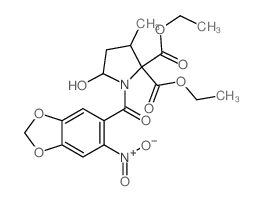 2,2-Pyrrolidinedicarboxylicacid, 5-hydroxy-3-methyl-1-[(6-nitro-1,3-benzodioxol-5-yl)carbonyl]-,2,2-diethyl ester Structure