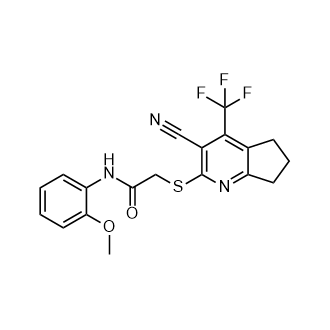 2-((3-Cyano-4-(trifluoromethyl)-6,7-dihydro-5H-cyclopenta[b]pyridin-2-yl)thio)-N-(2-methoxyphenyl)acetamide structure