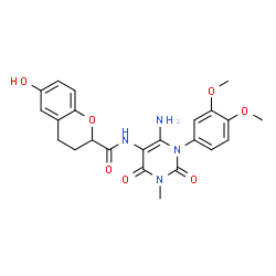 2H-1-Benzopyran-2-carboxamide,N-[6-amino-1-(3,4-dimethoxyphenyl)-1,2,3,4-tetrahydro-3-methyl-2,4-dioxo-5-pyrimidinyl]-3,4-dihydro-6-hydroxy- Structure